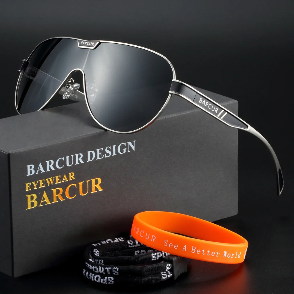 Men's special-shaped sunglasses with stainless steel frames and dark polarized lenses.
