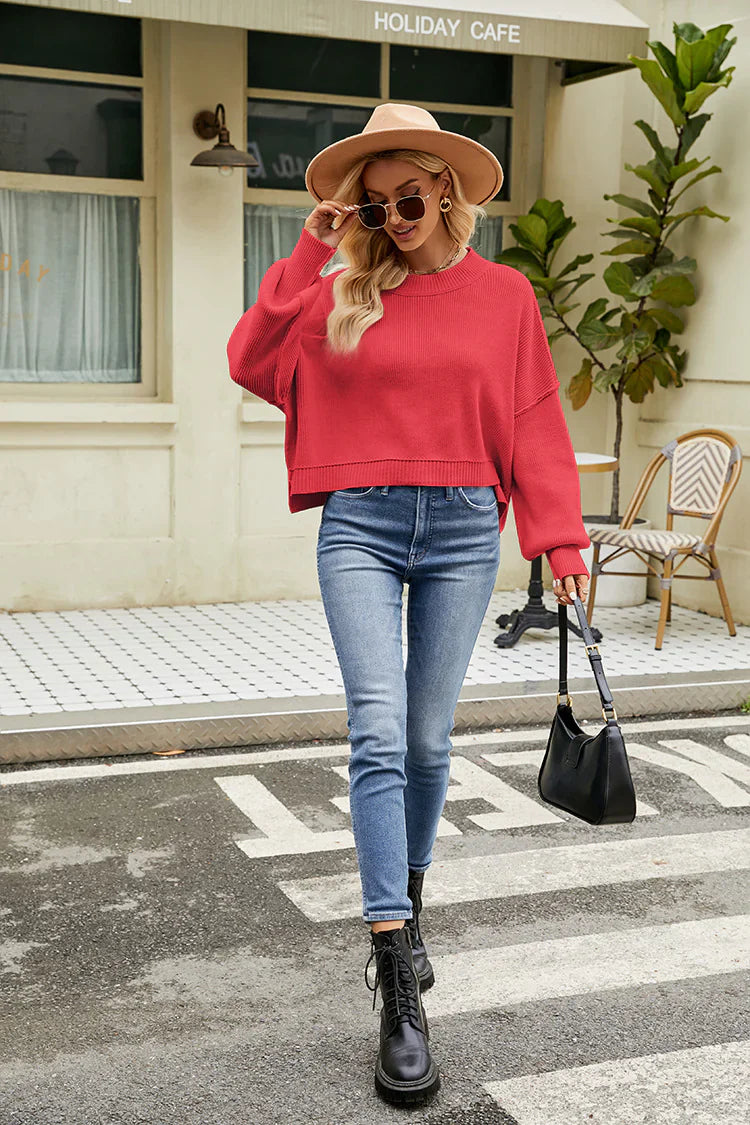 Women Loose Cropped Round Neck Knit Pullover Sweater
