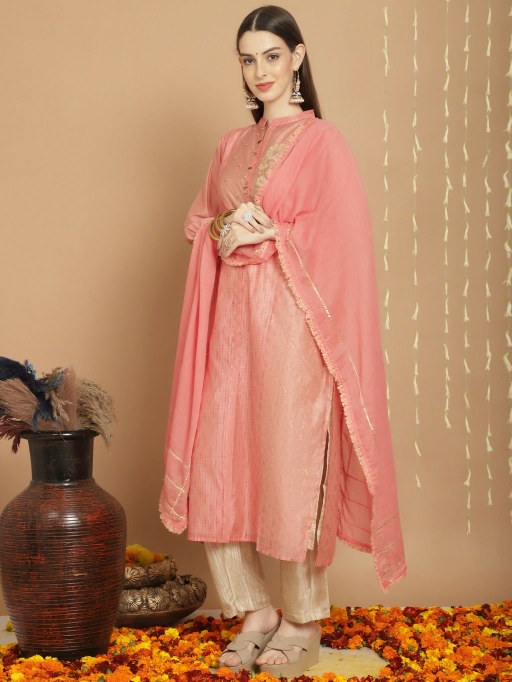 Peach Chanderi Silk A-Line Kurta Set with Jardoshi Embroidery