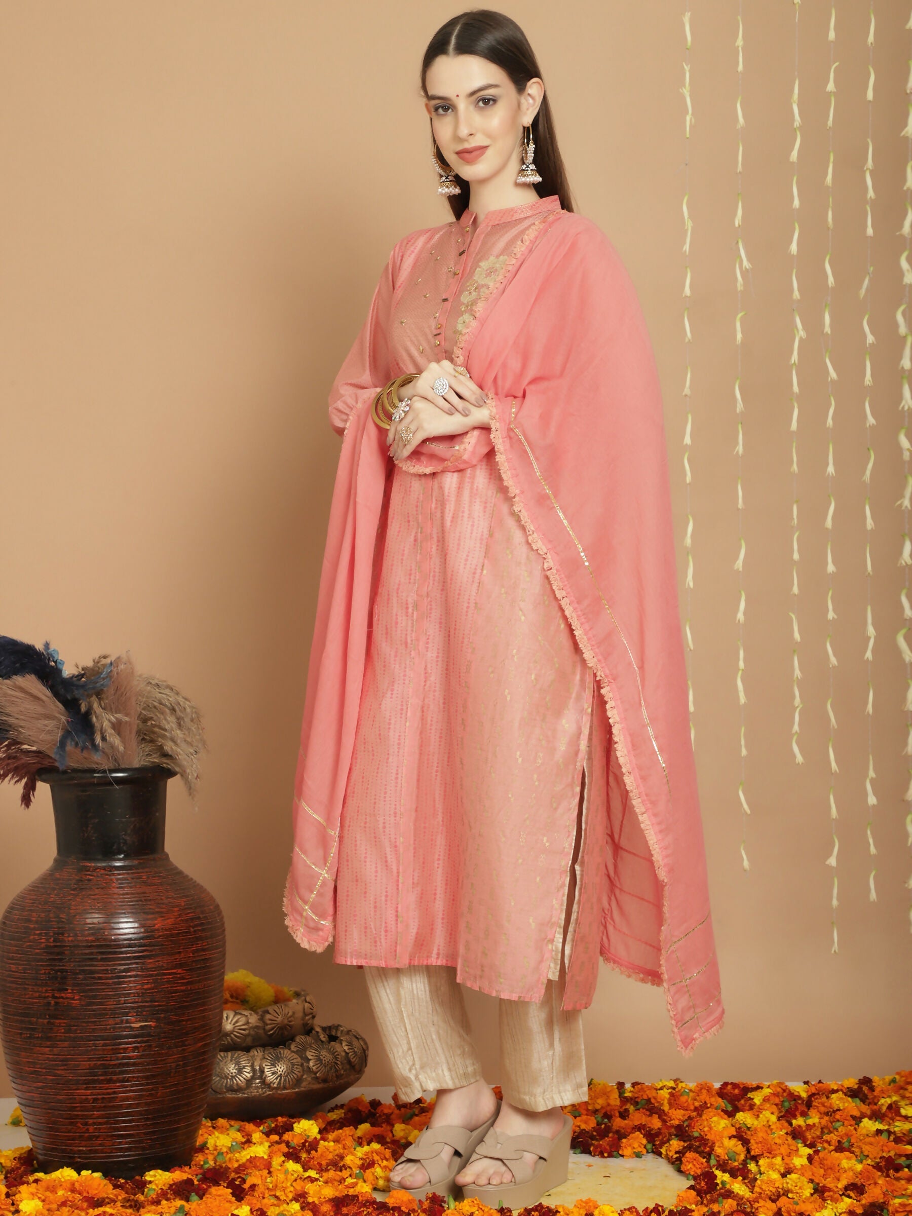 Peach Chanderi Silk A-Line Kurta Set with Jardoshi Embroidery