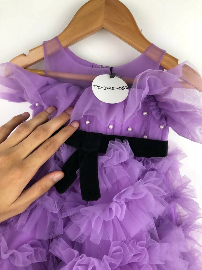 Purple Net Frilled Party Dress with Velvet and Pearl Accents