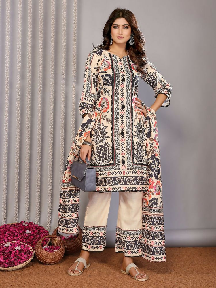 Cream colored printed linen kurta set with notch neck and three-quarter sleeves.