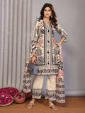 Cream colored printed linen kurta set with notch neck and three-quarter sleeves.