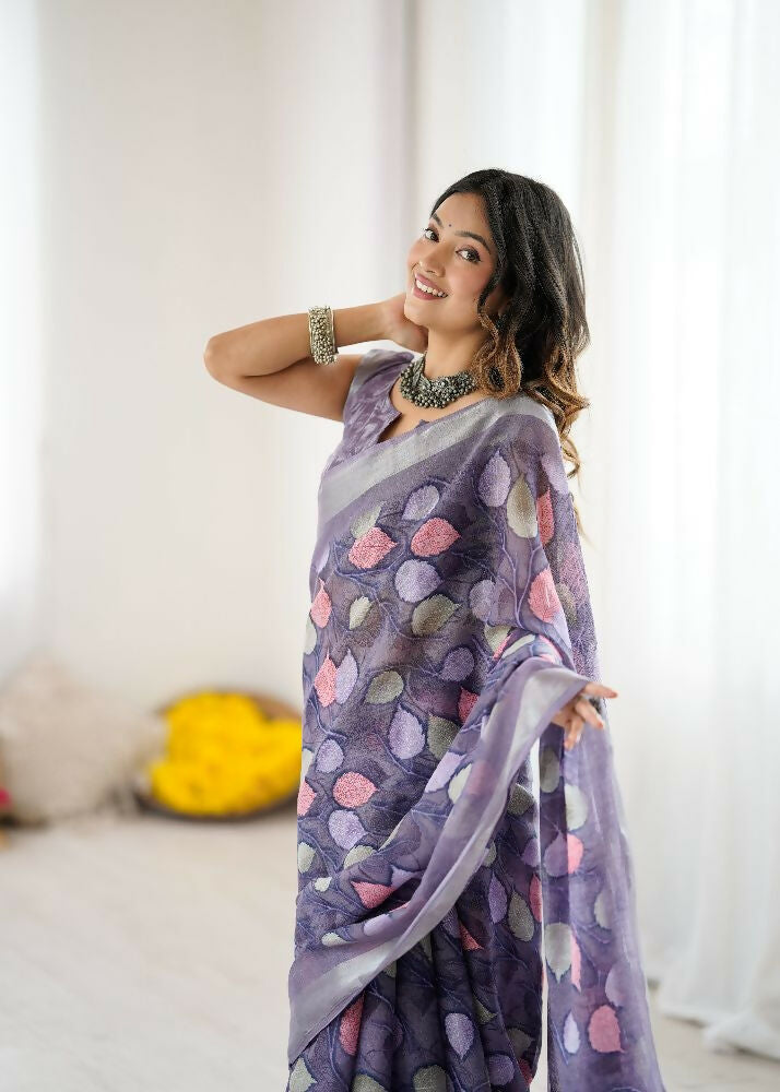 Lavender Linen Patta Printed Saree