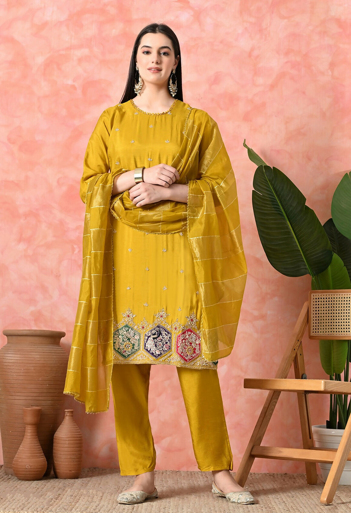 Mustard pure viscose dola kurta set with handwork and organza shimmer dupatta