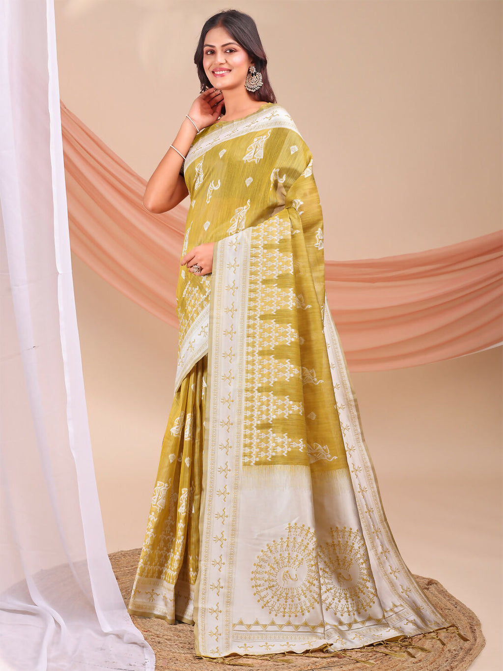 Varnika Mustard Linen Cotton Saree with Matching Blouse Piece