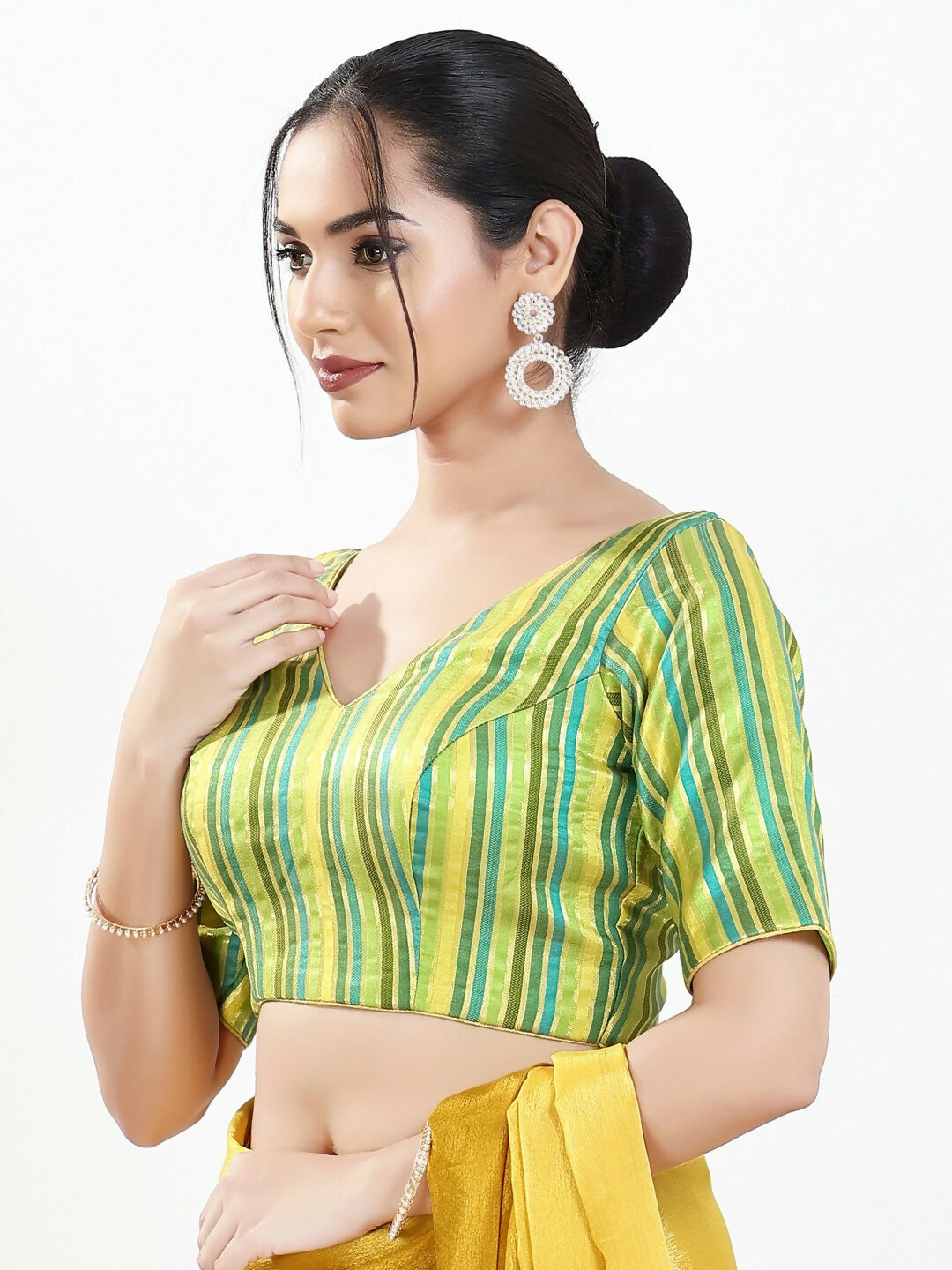 Joban Fashion Green Multi Brocade Padded Blouse With V Neck Elbow Sleeves