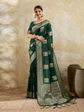 Dark green silk blend saree with elegant drape and matching blouse piece