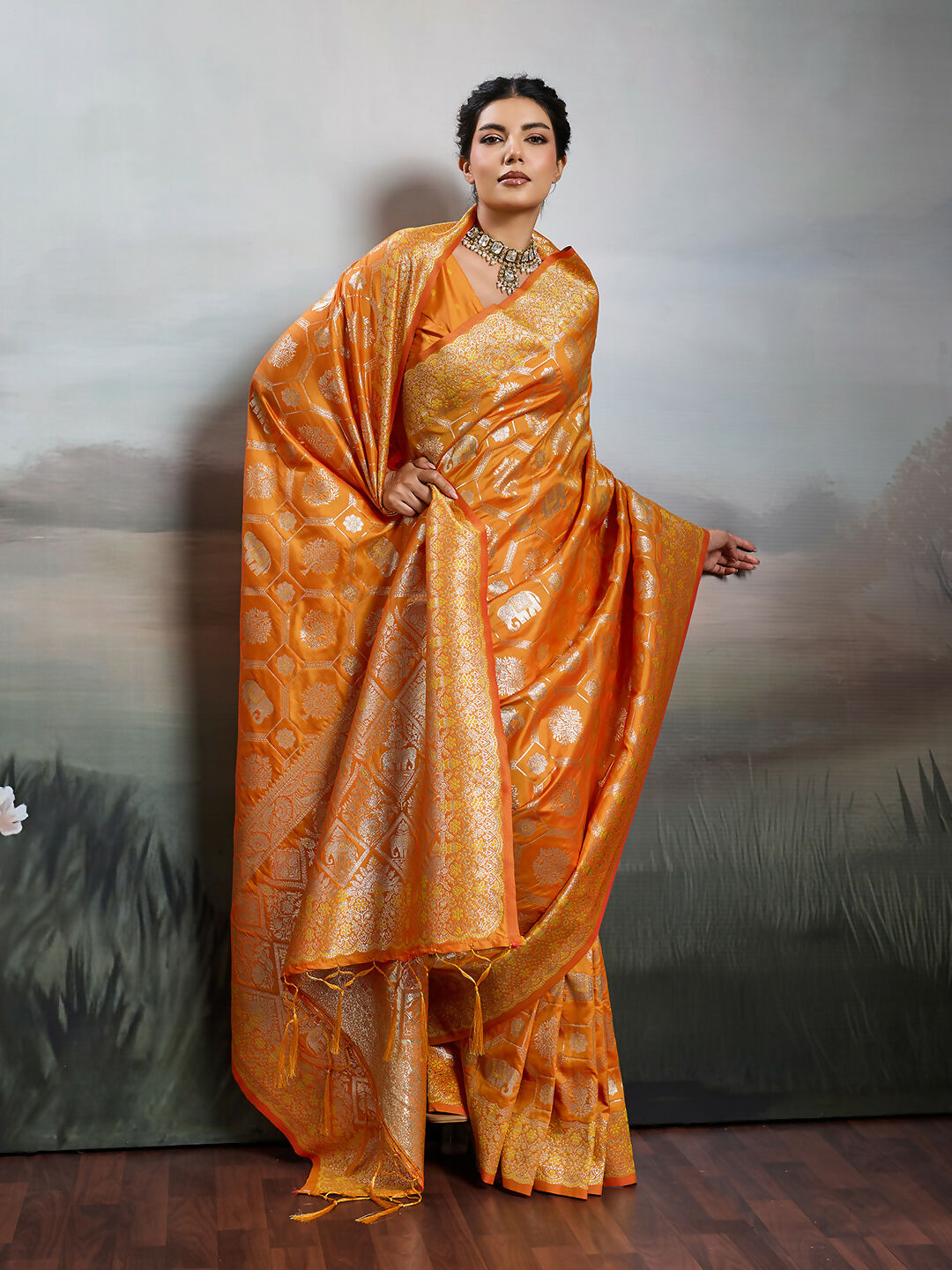 Orange Silk Blend Saree with Matching Blouse Piece