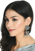 Oxidised silver Jhumka earrings with colorful Kundan stones in a bohemian style