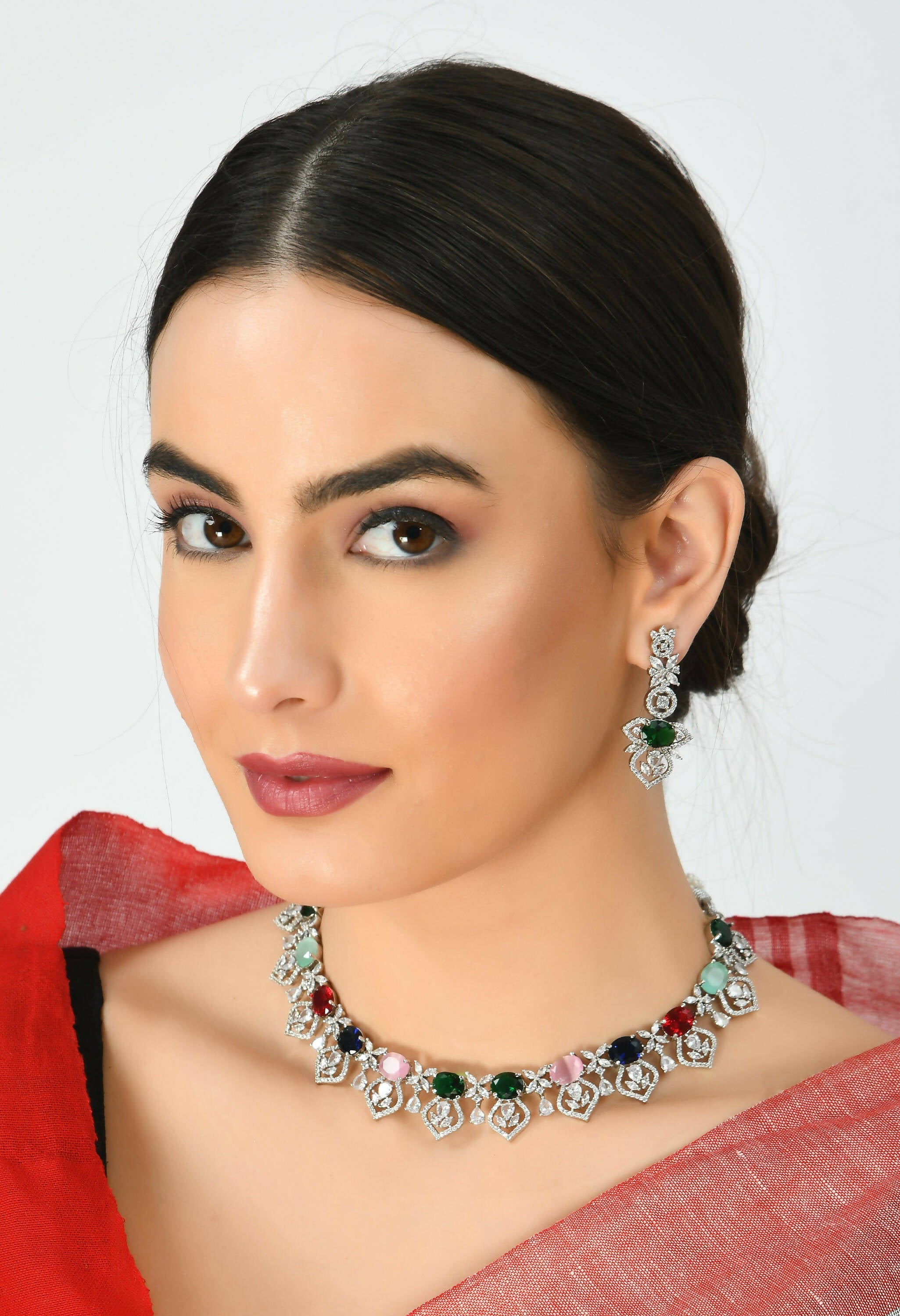 Multi Colour American Diamond Choker Necklace Set
