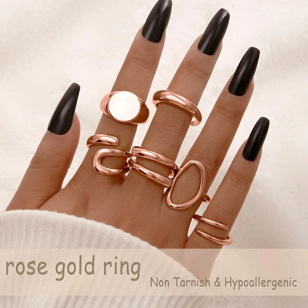 FAXHION 12PCS Gold Stackable Rings Set for Women, 18K Gold Plated Open Stacking Knuckle Ring, Adjustable Chunky Signet Rings for Gift 1-Rose-12pcs
