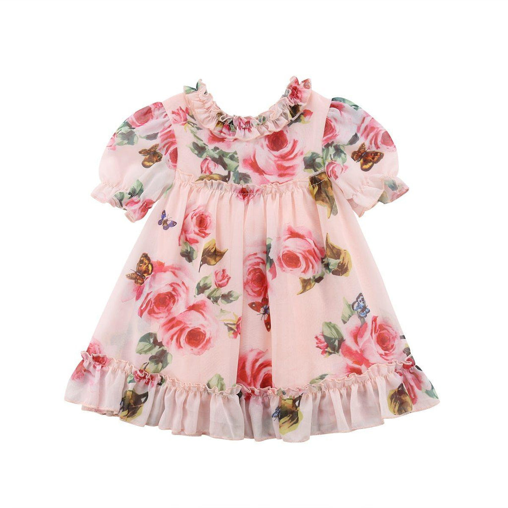 Floral Chiffon A-Line Dress with Lace Ruffle Sleeves