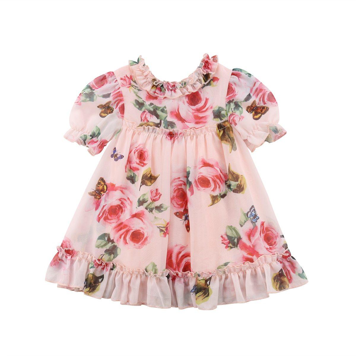 Floral Chiffon A-Line Dress with Lace Ruffle Sleeves