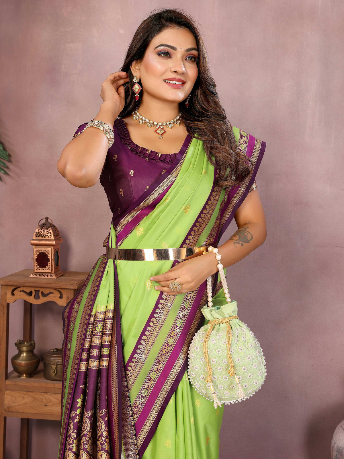 Parrot Green Kalamkari Silk Saree with Fine Weaving