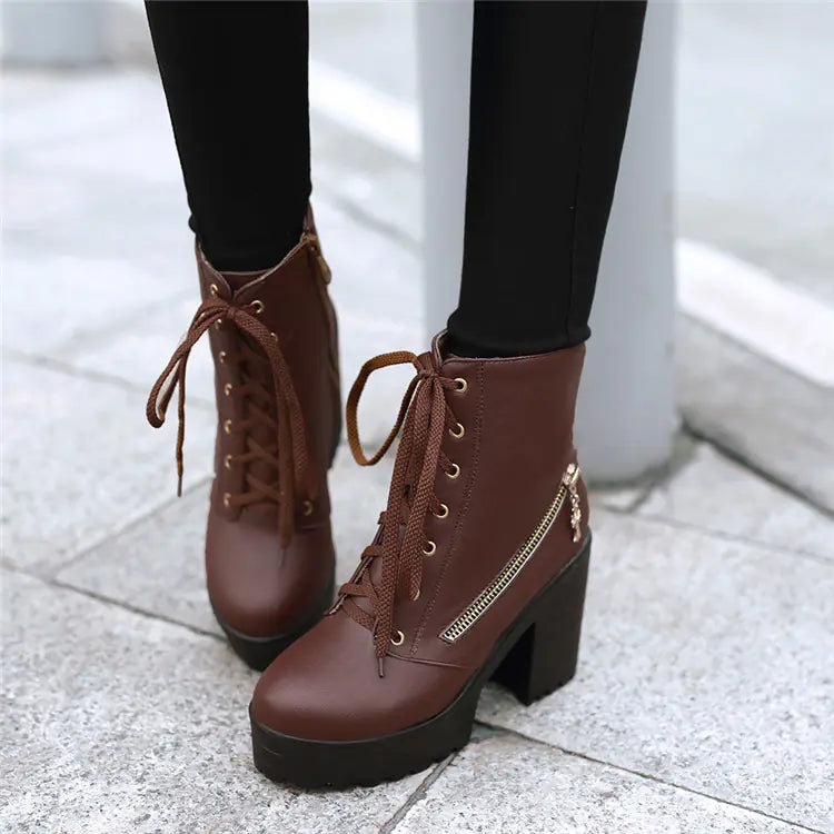 Women's Vintage Lace-Up Platform Ankle Boots with Chunky Heels - Image 2