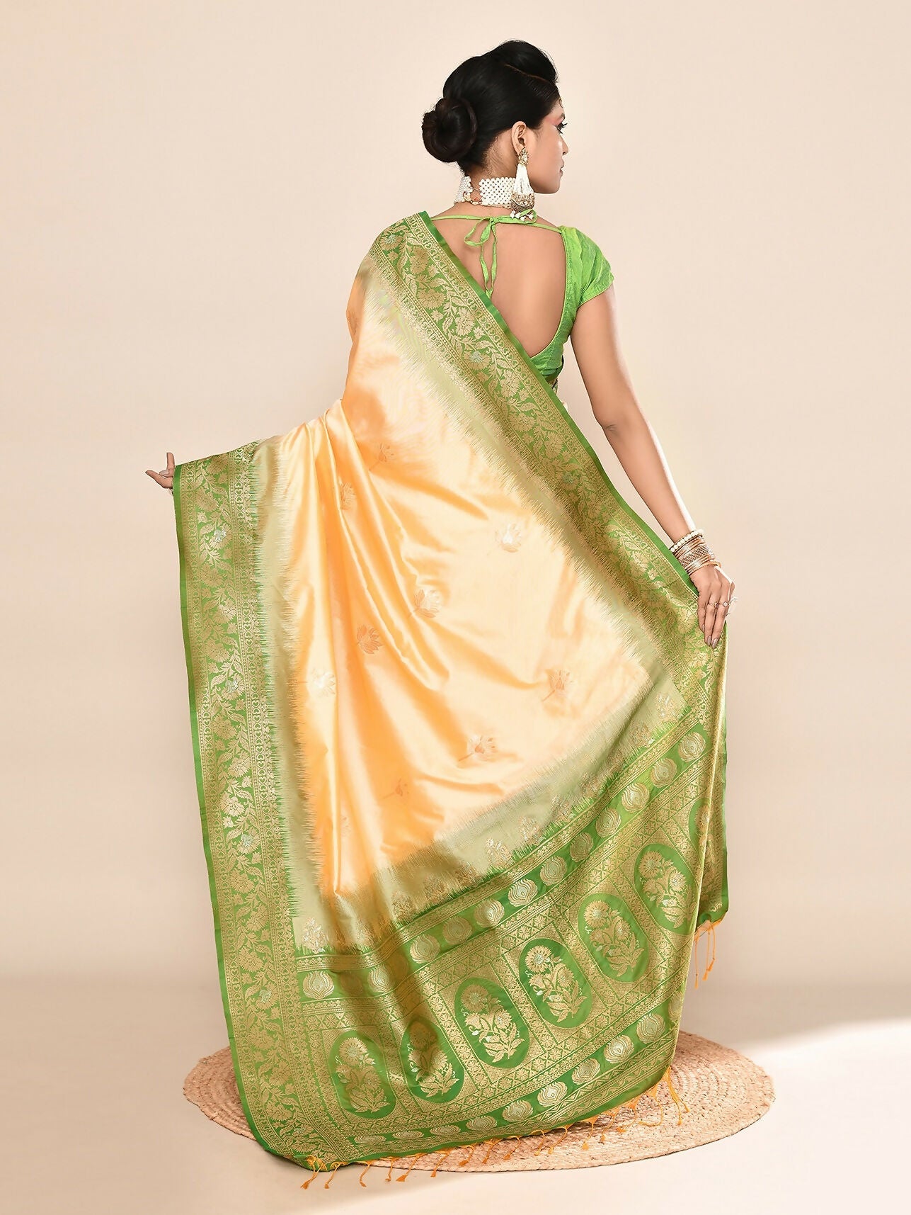 Light Yellow & Parrot Green Banarasi Silk Saree with Woven Border