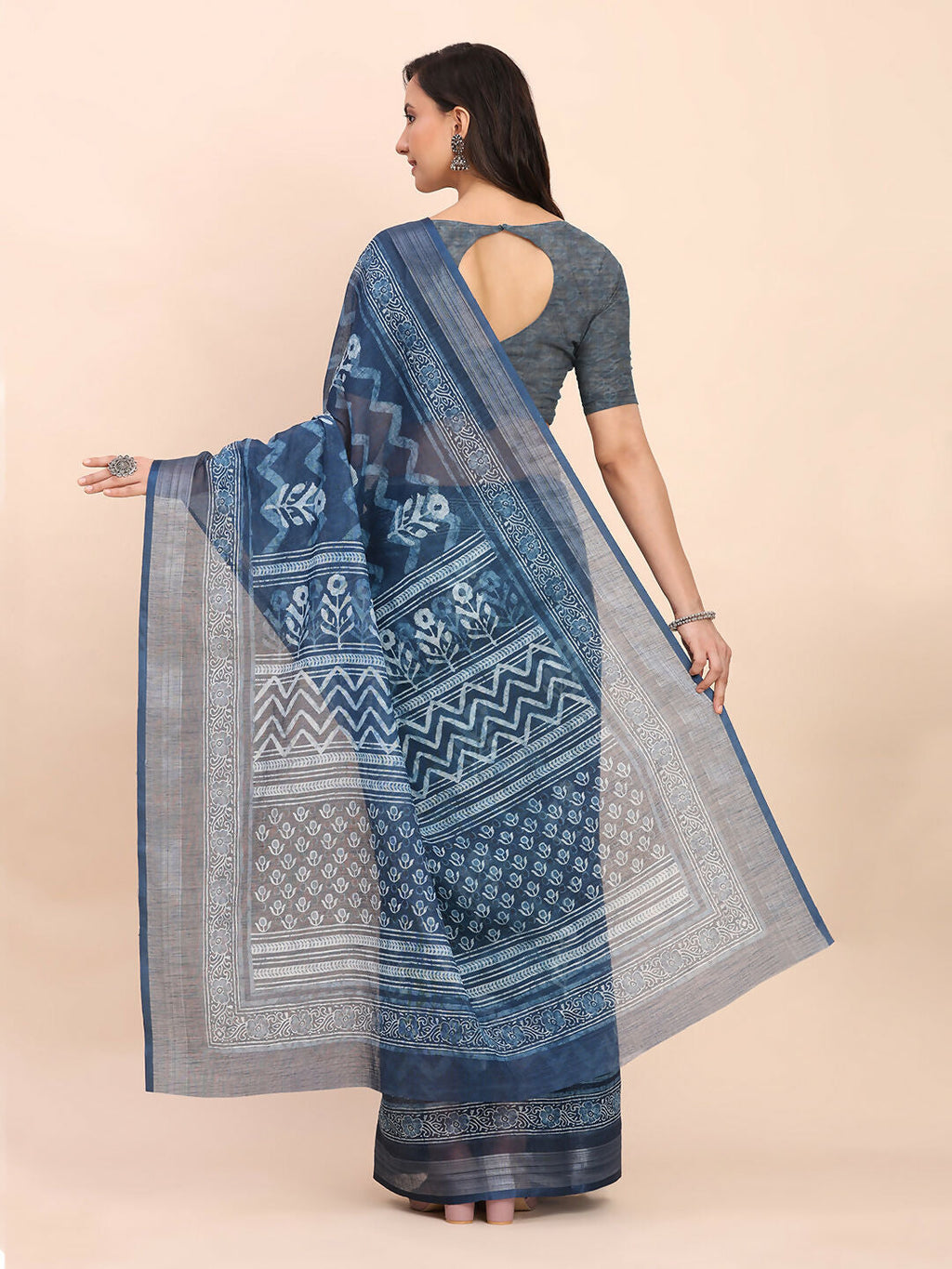 Shree Shyam Fashion Linen Cotton Indigo Blue Saree