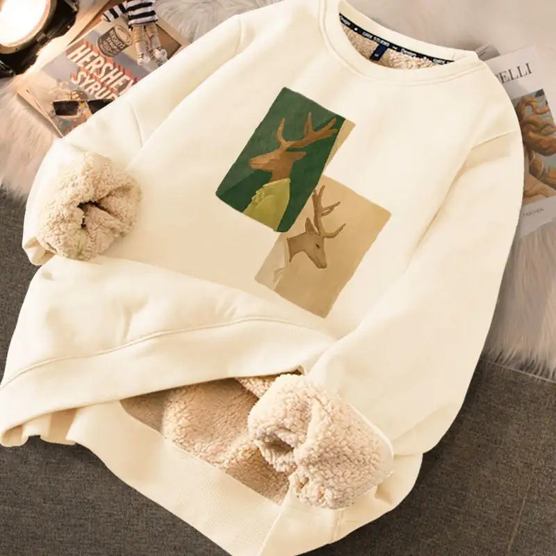 Women's Cream Fleece Lined Graphic Sweater with Cute Bear Print
