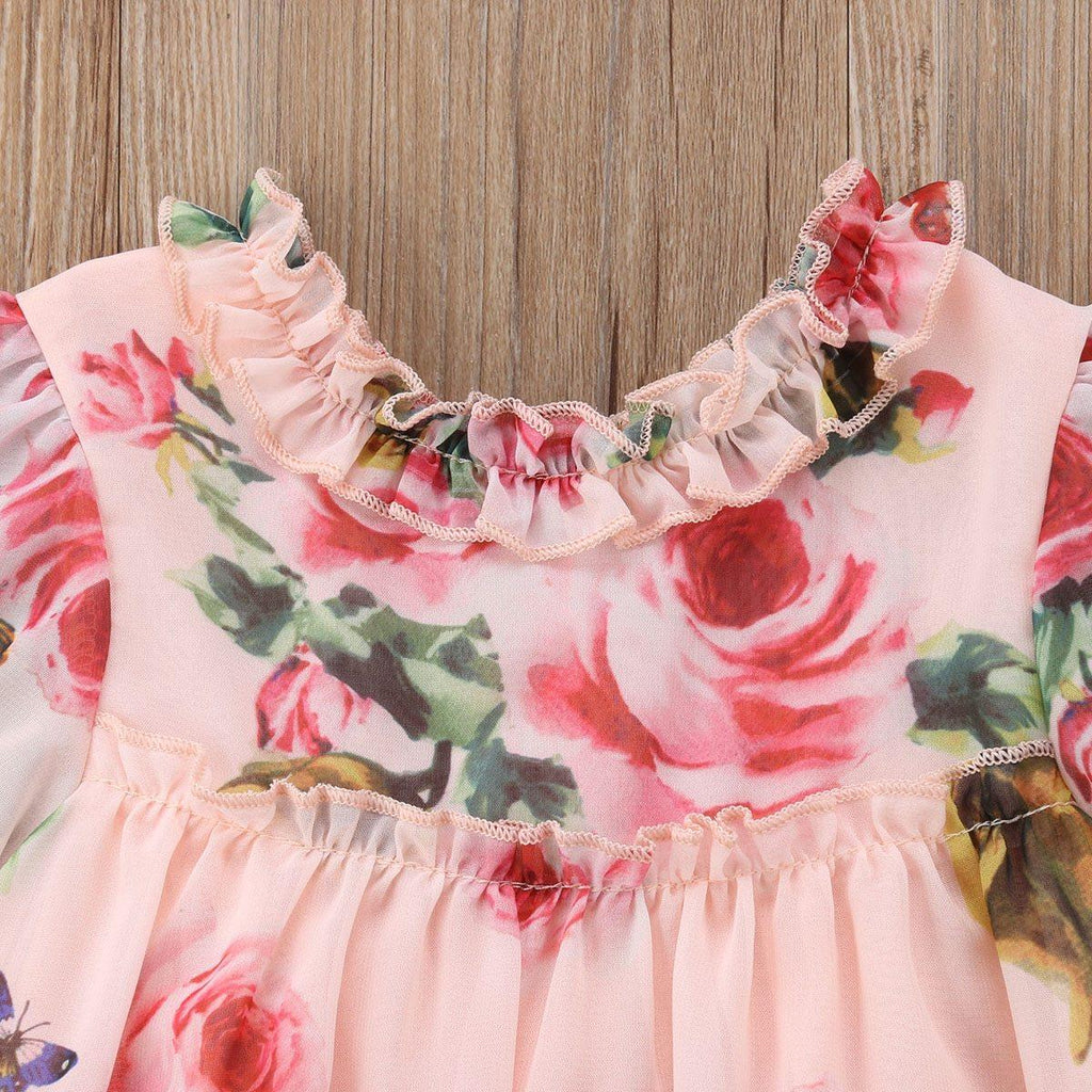 Floral Chiffon A-Line Dress with Lace Ruffle Sleeves