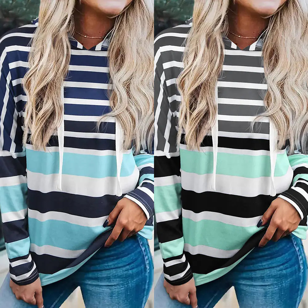 Women's Striped Hooded Long Sleeve Casual Sweatshirt Top - Image 11