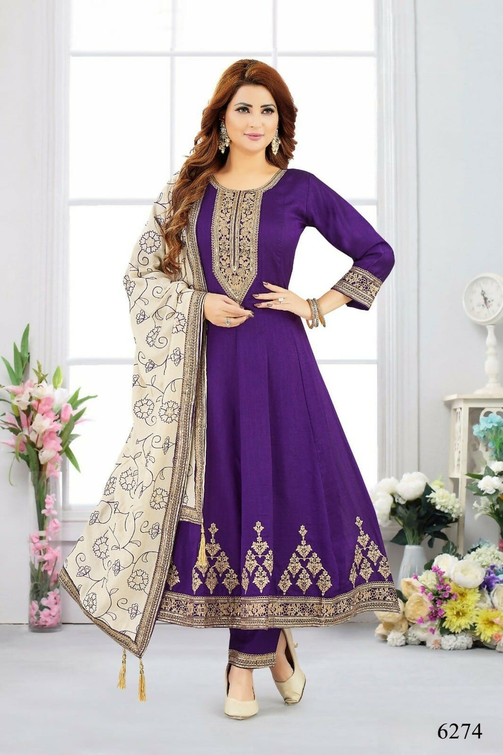 Purple Chinon Kurta Set with Beige Dupatta