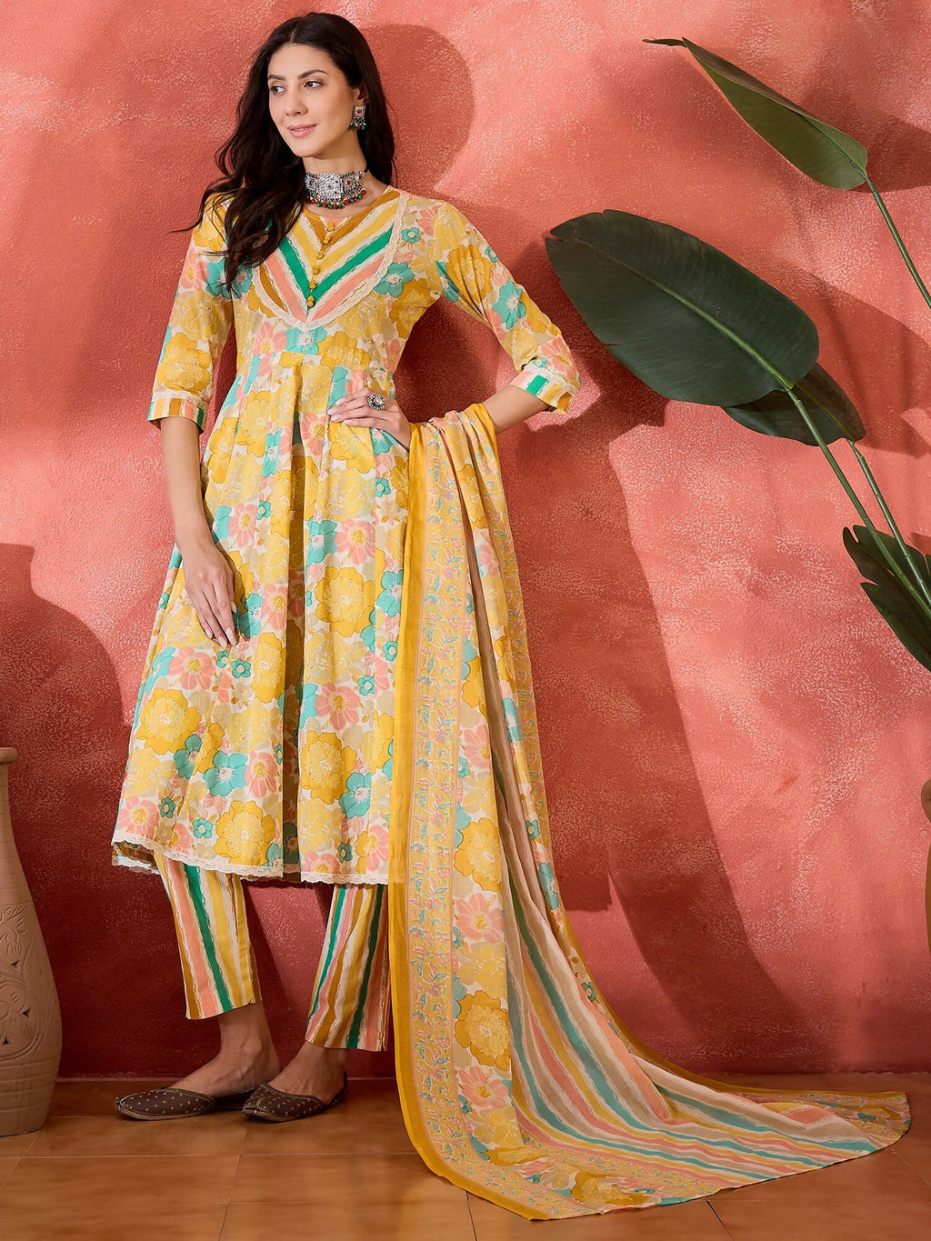 Printed Mustard Pure Cotton Kurta Set for Women