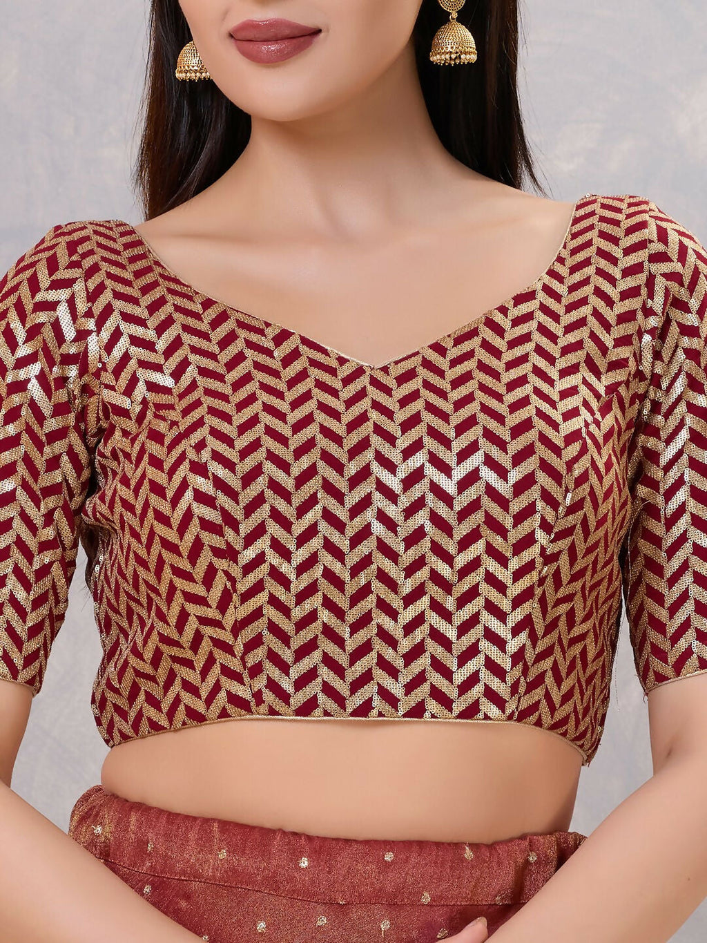 Maroon Silk V-Neck Stitched Blouse for Festive Outfits