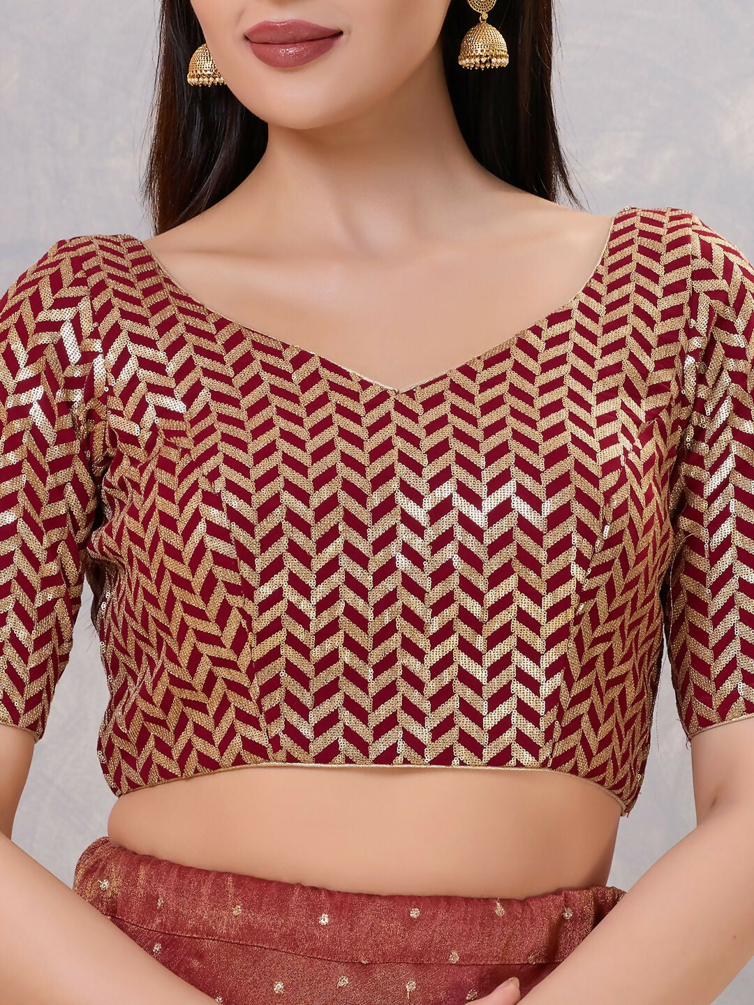 Maroon Silk V-Neck Stitched Blouse for Festive Outfits