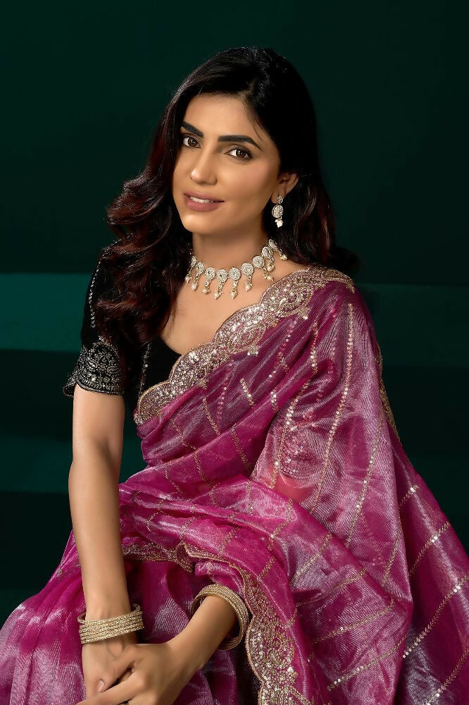 Pink Net Saree with Black Velvet Blouse for Party Wear