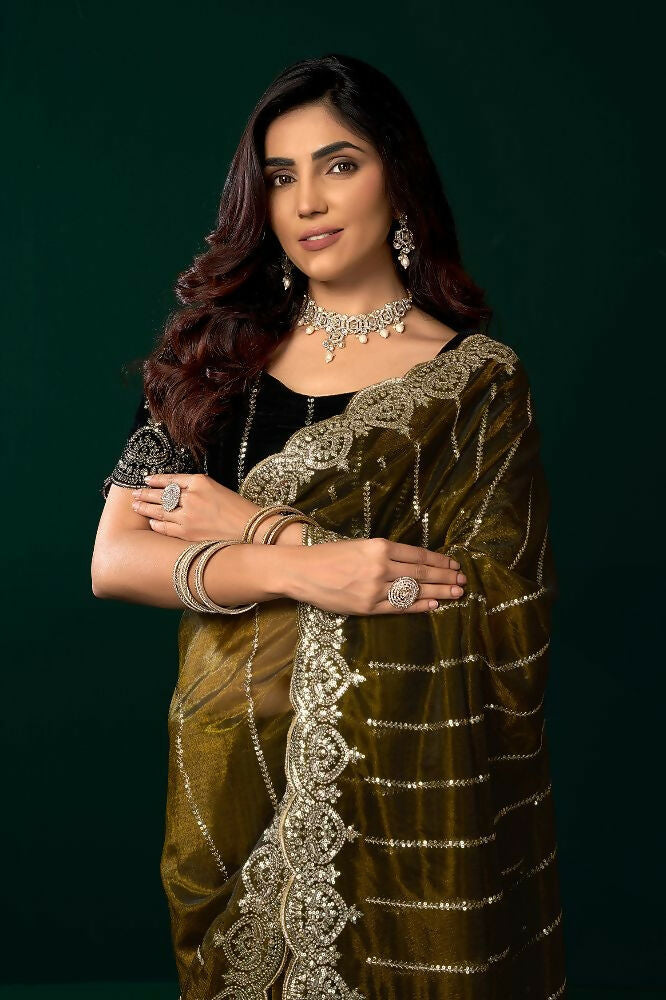 Mehendi Green Net Party Wear Saree with Velvet Blouse