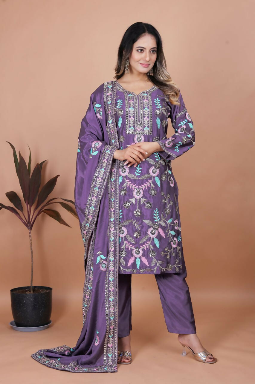 Purple Silk Embroidered Kurti Set with Stitched Detailing