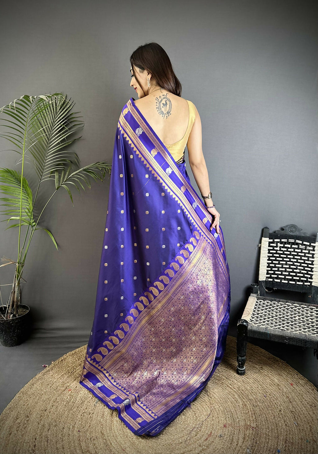 Navy Blue Banarasi Soft Silk Woven Saree with Matching Blouse
