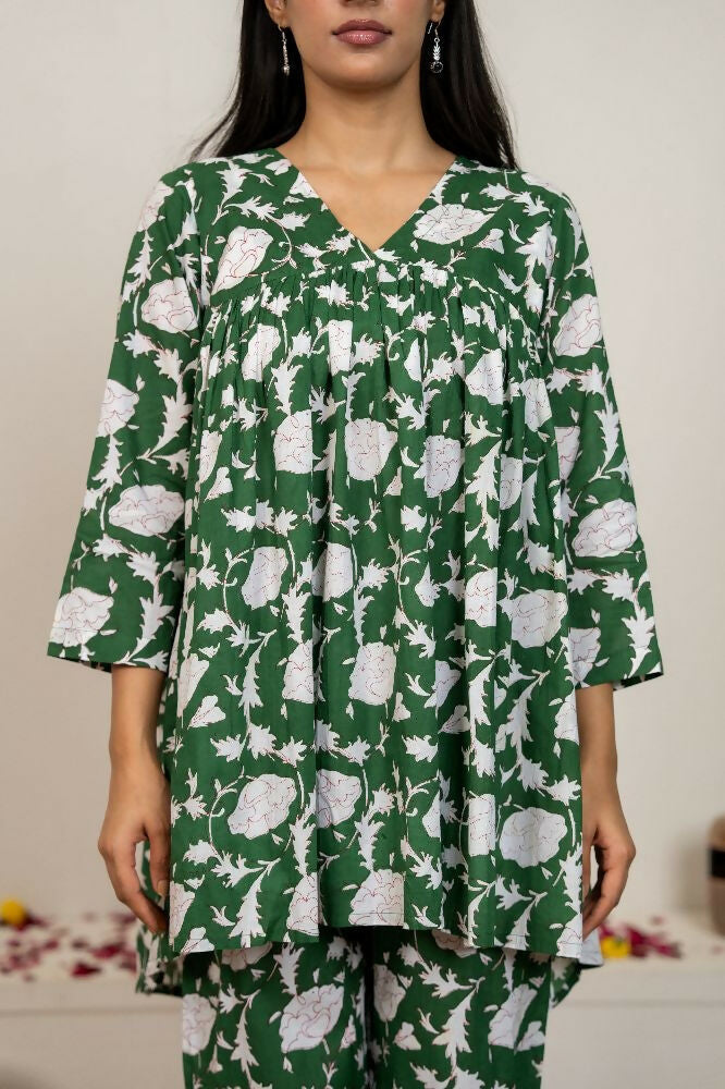Green Hand Block Printed Cotton Co-Ord Set for Women