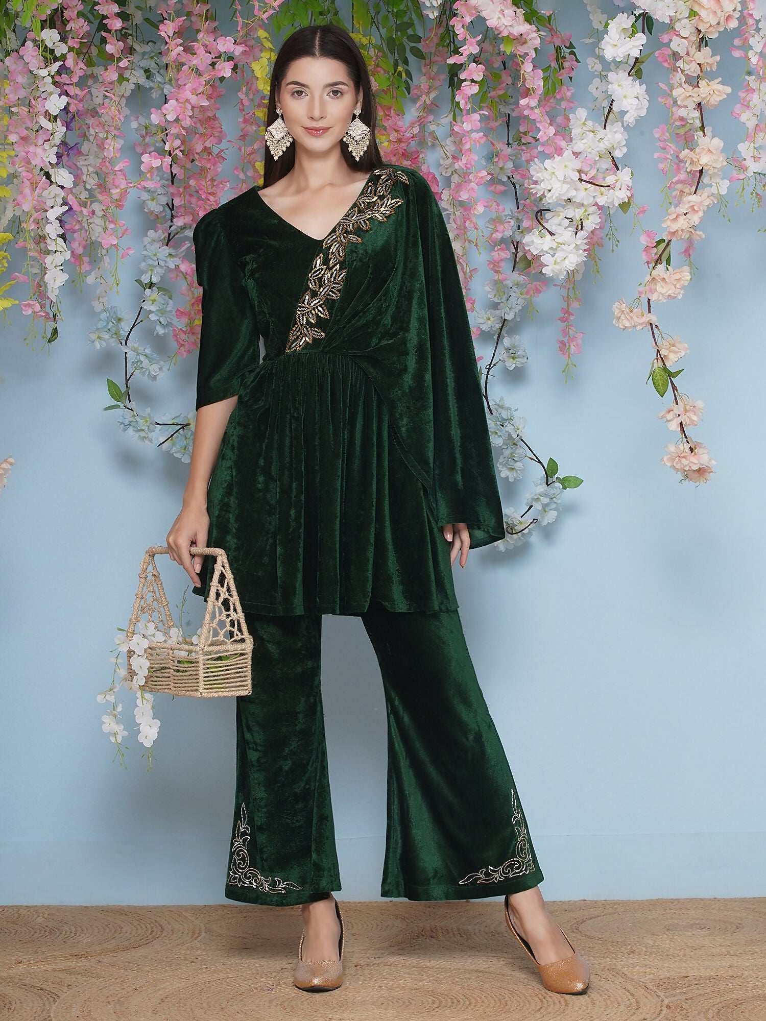 Green Velvet Hand Embellished 2-Piece Co-ord Set