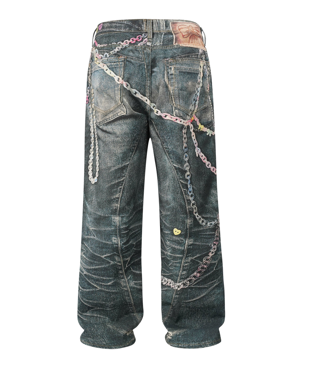 Wideboy Lucky Denim Jeans with All Over Graphic Print Sand Wash - Image 3