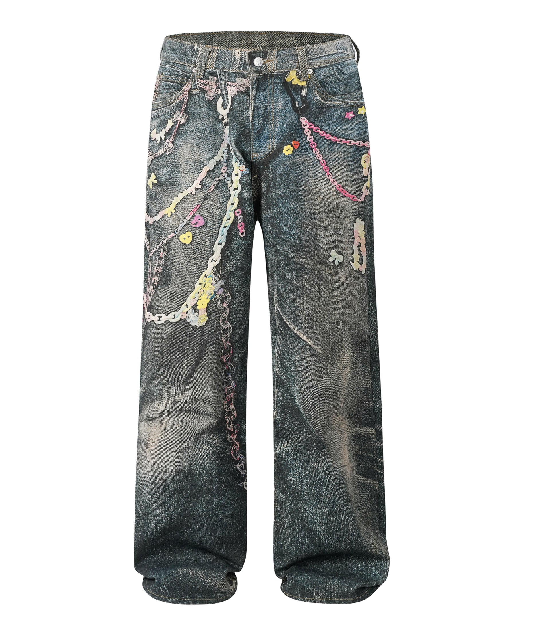 Relaxed fit jeans with sandblast wash and all-over graphic chain print