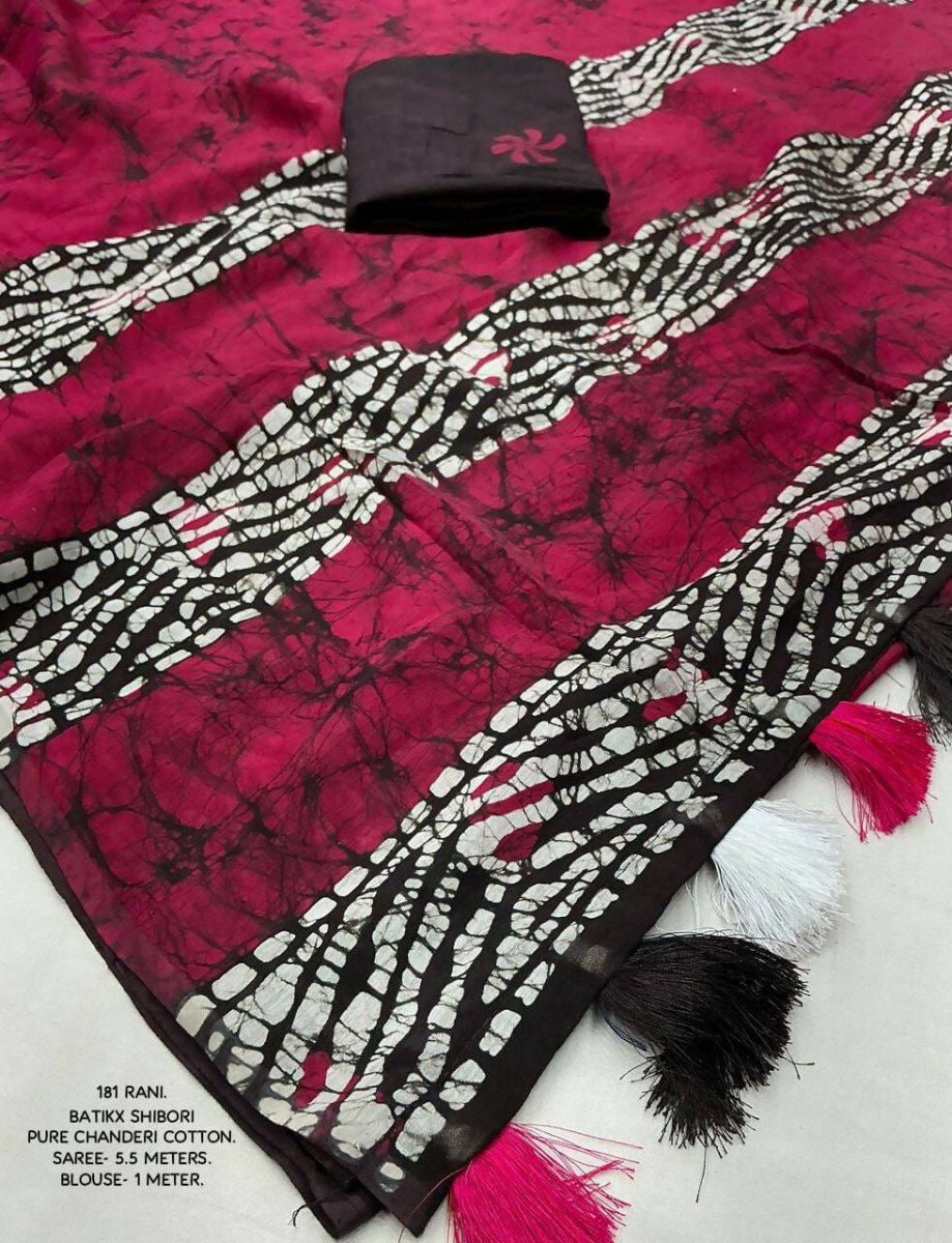 Rani Pink Pure Chanderi Cotton Batik Printed Saree