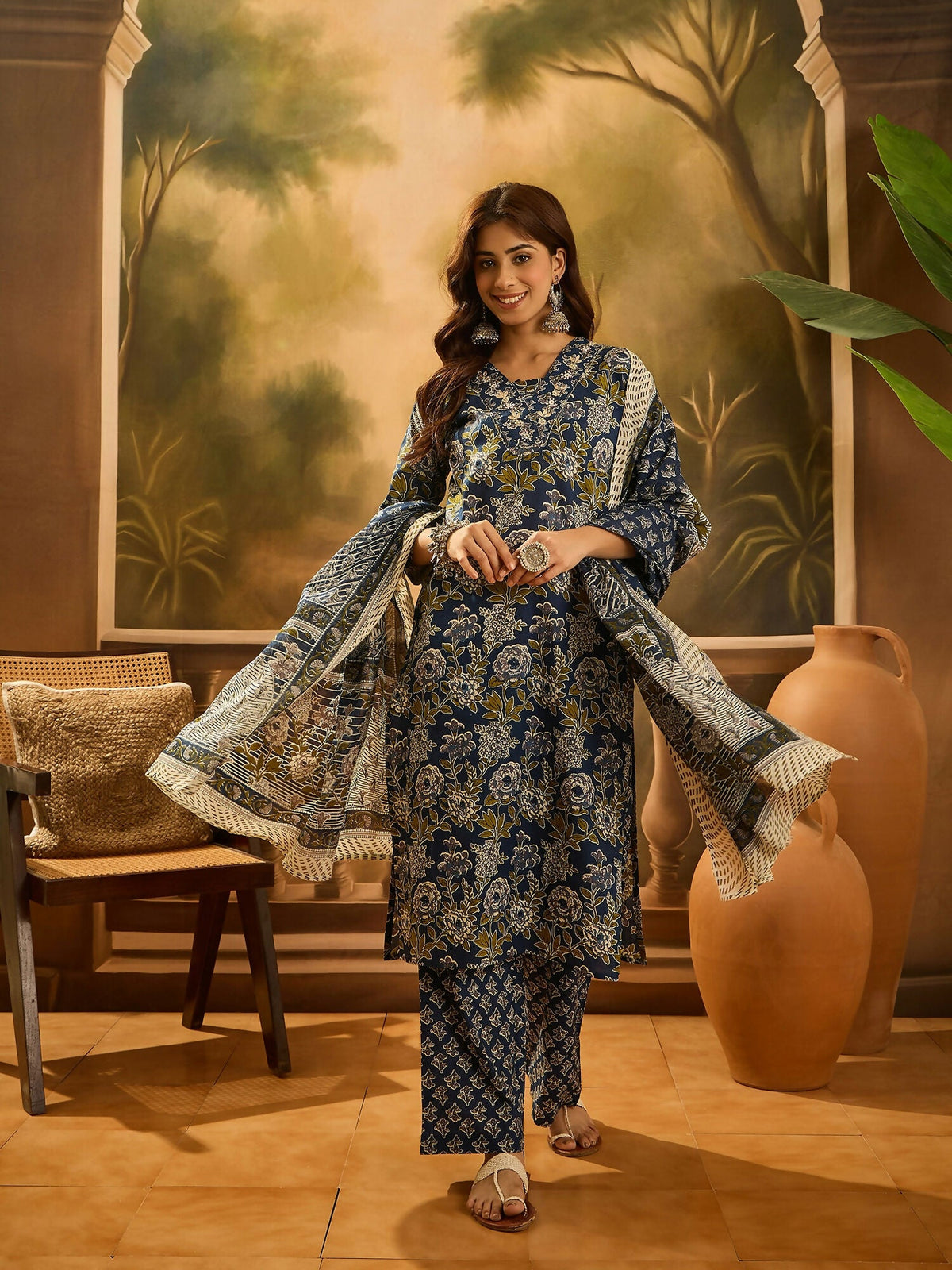Navy Blue Printed Pure Cotton Kurta Set