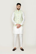 Men's green art silk jacket with full embroidery detail for ethnic wear