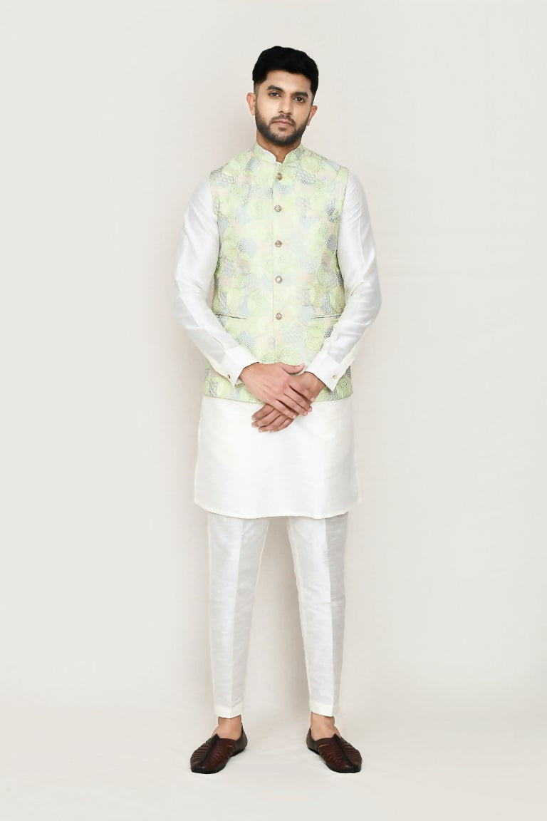Men's green art silk jacket with full embroidery detail for ethnic wear