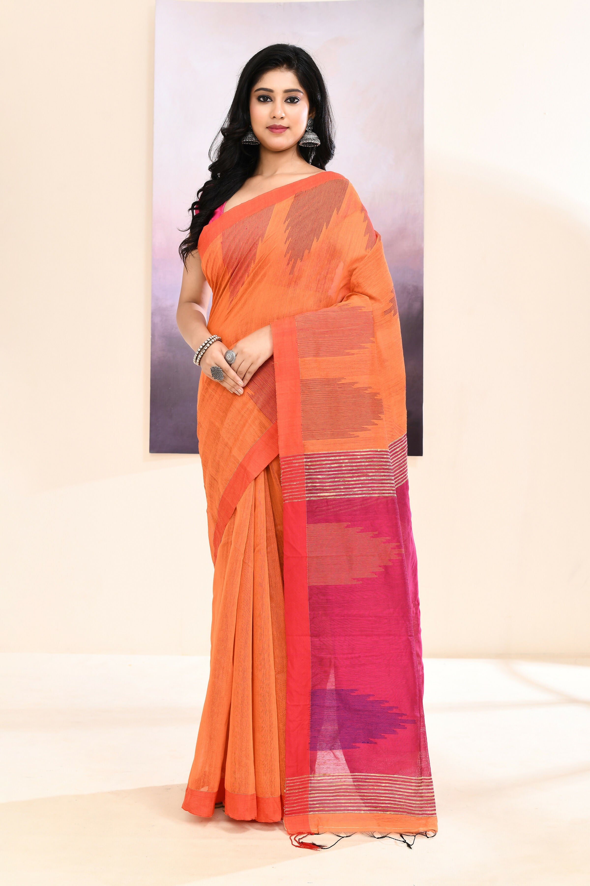 Orange Temple Border Embellished Cotton Blend Jamdani Saree