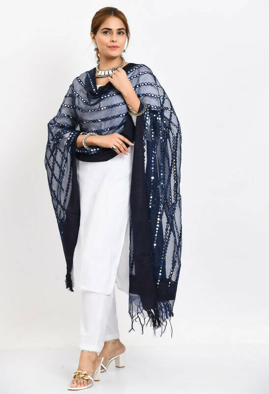 Women's Navy Blue Organza Mirror Stripe Thread Work Dupatta