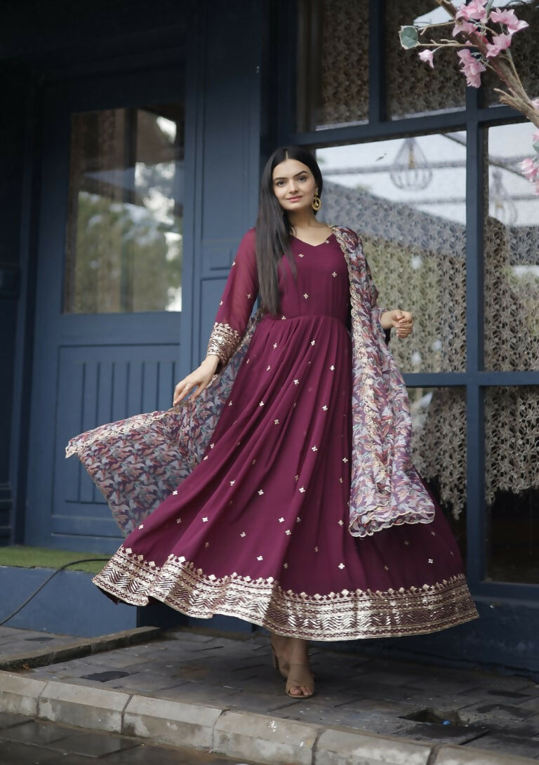 Wine Faux Blooming Anarkali Dress with Zari & Sequins