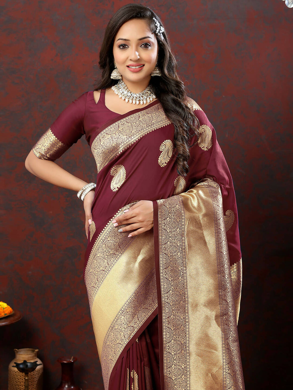 Maroon Soft Silk Saree with Traditional Gold Zari Woven Design
