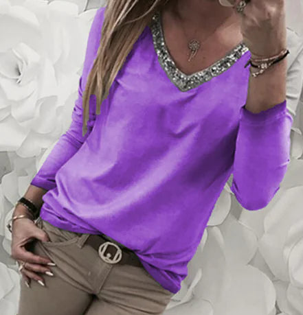 Women's Black Long Sleeve V Neck T-Shirt with Sequin Trim - Image 18
