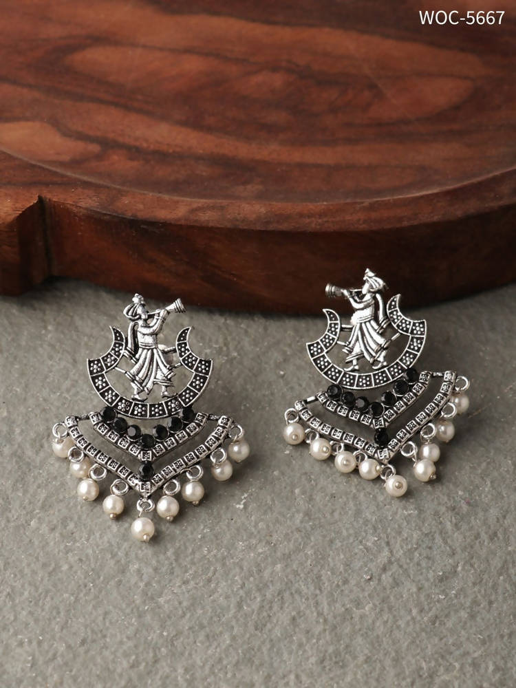 Johar Kamal Oxidised Silver Barrat Earrings with Black Stone