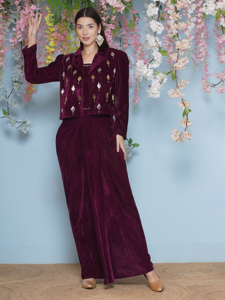 Joban Fashion Wine Hand Embellished Jacket with inner and skirt