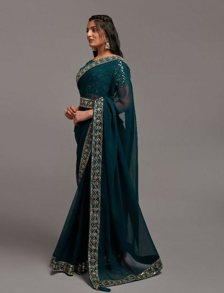 Petrol Blue Zometo Embroidery Lace Saree with Gold Accents