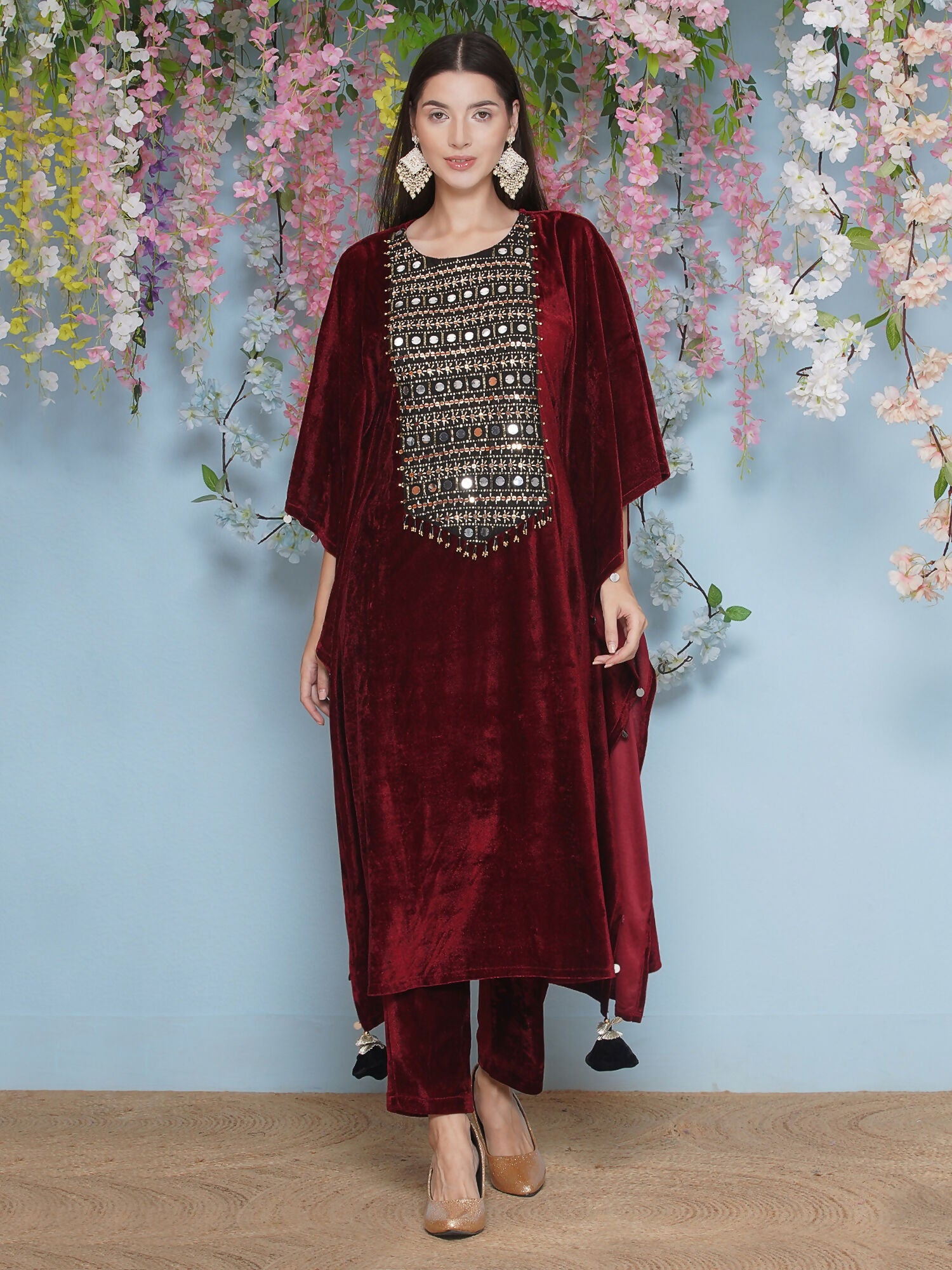 Maroon Velvet Hand Embellished Kaftaan Set - Luxury Ethnic Wear